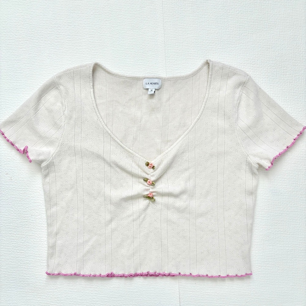 L.A. HEARTS Crop Top Pointelle Ribbon Rose Size M Cream